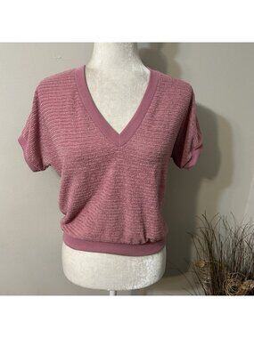 VTG Eccobay Velour Top Pink Striped V-Neck Women Shout Sleeve Lightweight Sz L
